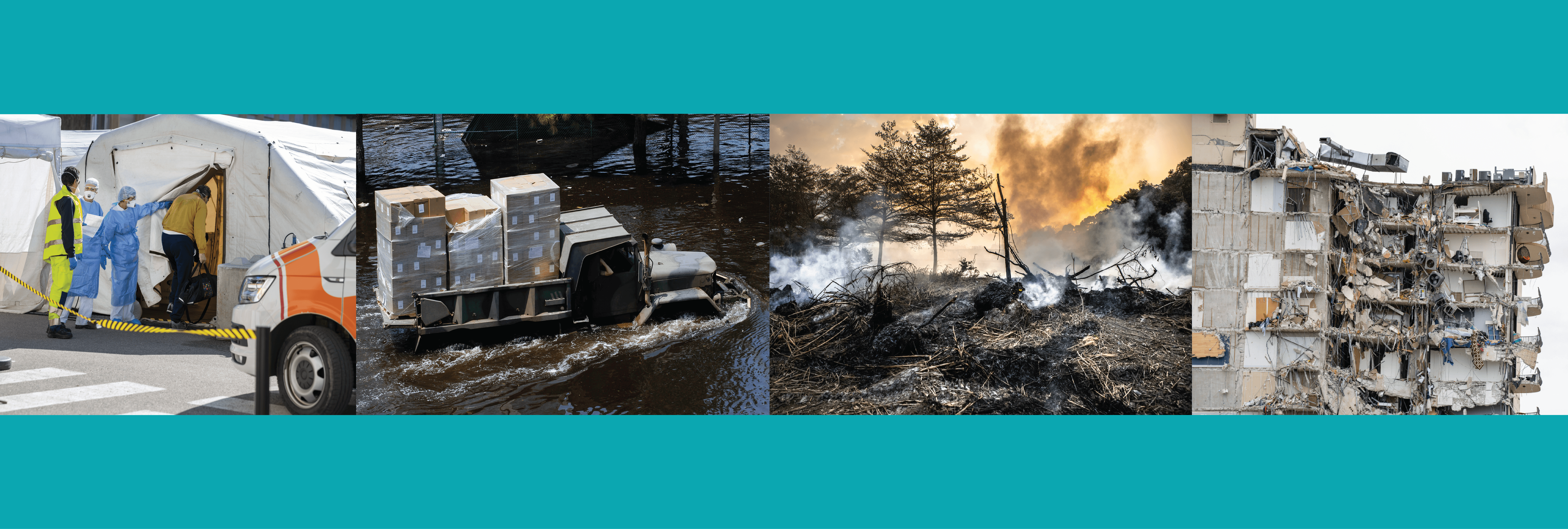 A collage of natural disasters, including flooding, earthquakes, and wild fires. 